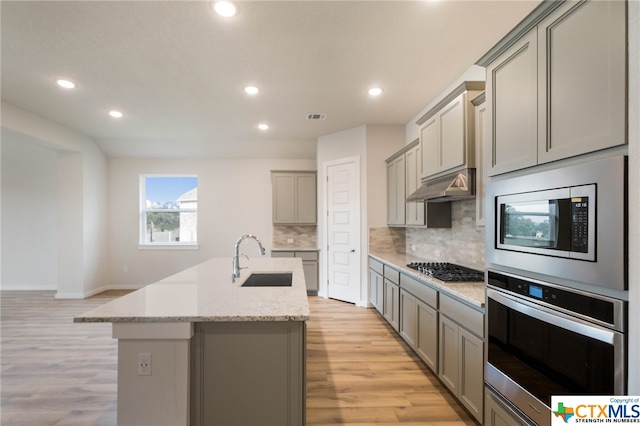 kitchen with stainless steel appliances, light hardwood / wood-style floors, a center island with sink, sink, and backsplash