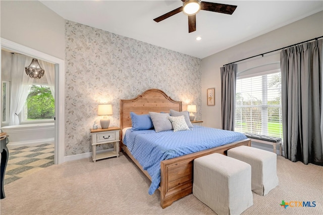 1660 W Mccarty Ln, San Marcos, TX 78666 - carpeted bedroom with wallpapered walls, recessed lighting, ceiling fan, and baseboards