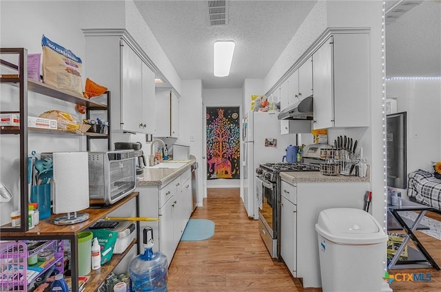 kitchen featuring a textured ceiling, sink, light wood-type flooring, and stainless steel appliances