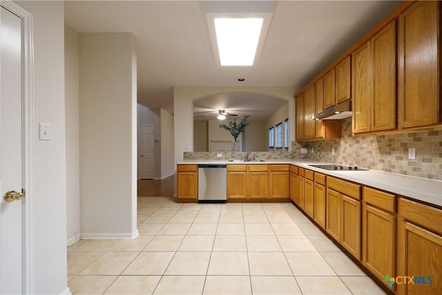 kitchen with dishwasher, sink, decorative backsplash, black electric cooktop, and light tile patterned flooring