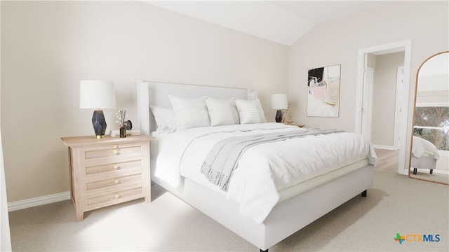 bedroom with carpet flooring and vaulted ceiling