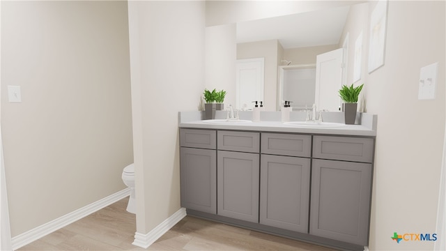 bathroom with vanity, hardwood / wood-style flooring, and toilet