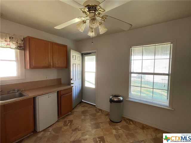 kitchen featuring sink, white dishwasher, and ceiling fan