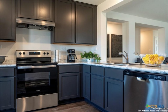 kitchen with appliances with stainless steel finishes, dark hardwood / wood-style floors, and sink