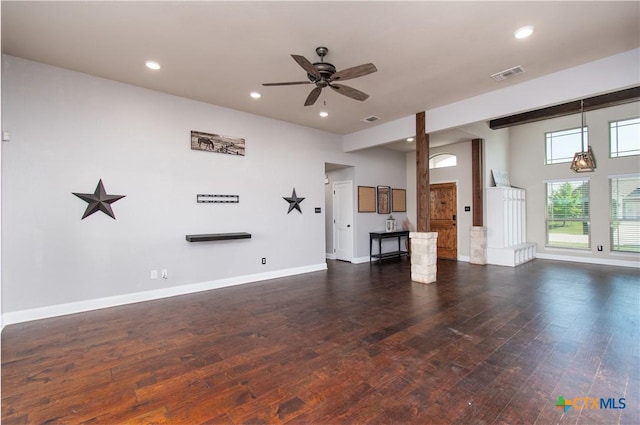 3814 Twilight Dr, Temple, TX 76502 - unfurnished living room with dark wood finished floors, ceiling fan, and recessed lighting