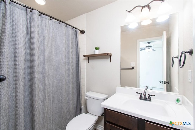 3814 Twilight Dr, Temple, TX 76502 - bathroom with vanity, a ceiling fan, and a shower with shower curtain