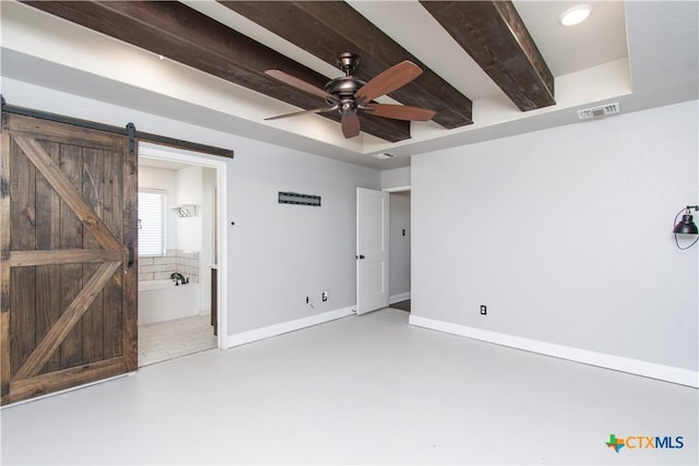 3814 Twilight Dr, Temple, TX 76502 - unfurnished room with ceiling fan, concrete flooring, a barn door, and beam ceiling