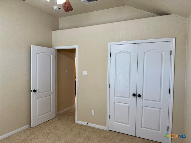 3508 Lucas St, Copperas Cove, TX 76522 - unfurnished bedroom with light colored carpet, baseboards, vaulted ceiling, a closet, and ceiling fan