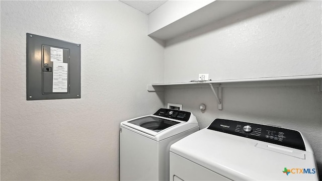 912 Bexley Dr, Seguin, TX 78155 - washroom featuring washer and dryer, electric panel, and a textured wall