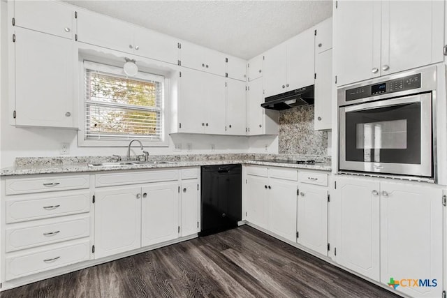 kitchen featuring black appliances, sink, a textured ceiling, dark hardwood / wood-style flooring, and white cabinetry