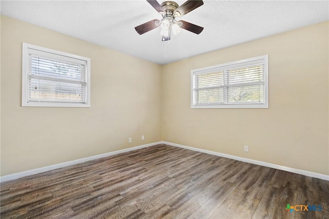 unfurnished room with hardwood / wood-style floors, ceiling fan, and a textured ceiling