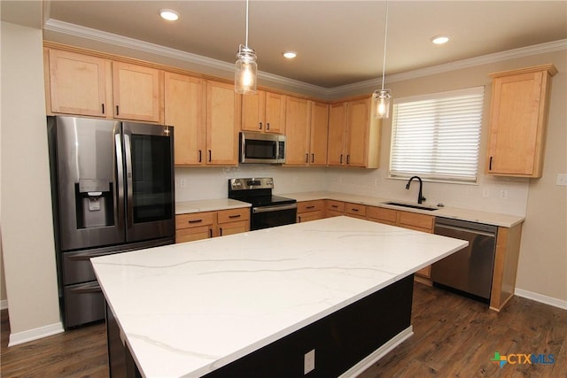 kitchen with decorative backsplash, stainless steel appliances, sink, light brown cabinets, and decorative light fixtures