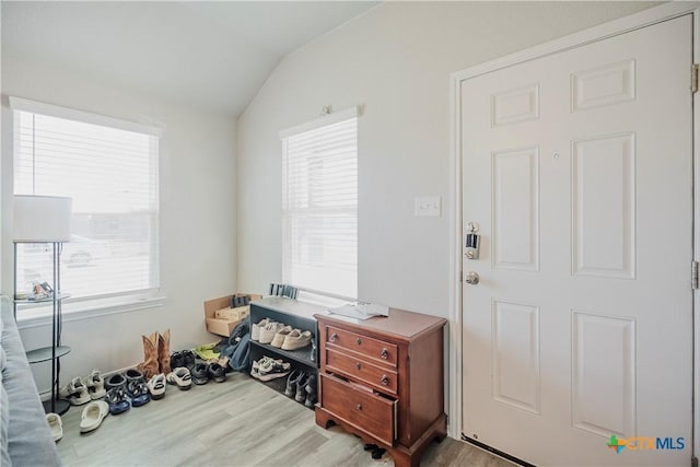 office space with lofted ceiling and light hardwood / wood-style floors