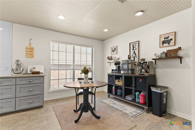 office with recessed lighting, wood ceiling, and baseboards