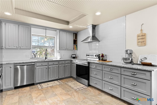 kitchen with stainless steel appliances, a sink, wood ceiling, wall chimney range hood, and gray cabinets