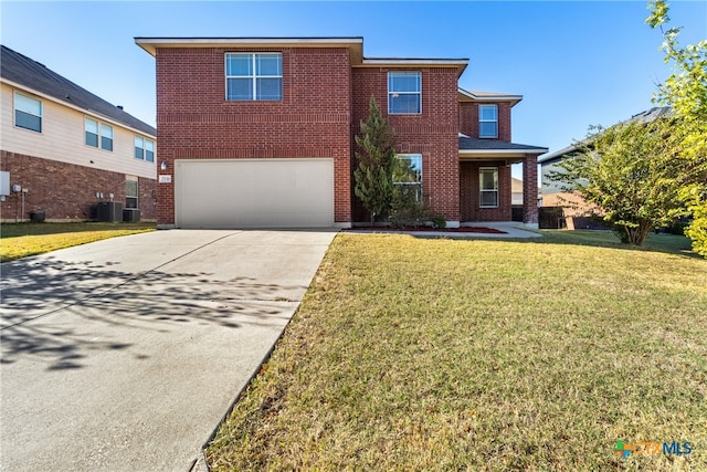 front facade featuring central AC unit, a garage, and a front yard