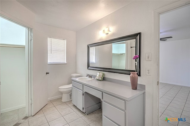 bathroom featuring toilet, vanity, ceiling fan, and tile patterned floors