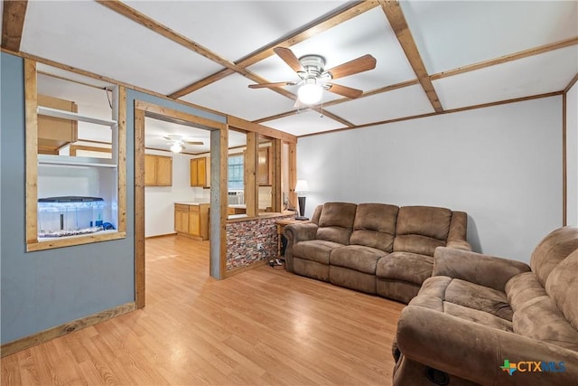 living room featuring ceiling fan, light wood-style flooring, and coffered ceiling