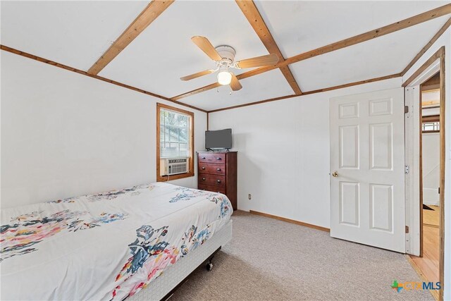 bedroom featuring baseboards, light carpet, ceiling fan, and cooling unit