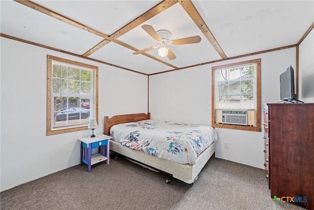 carpeted bedroom with multiple windows, cooling unit, and a ceiling fan