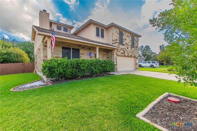 612 Weeping Willow Dr, Temple, TX 76502 - view of front facade featuring concrete driveway, a garage, a chimney, stone siding, and covered porch