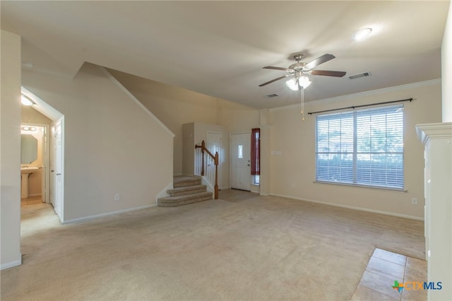 612 Weeping Willow Dr, Temple, TX 76502 - unfurnished living room with a ceiling fan, stairs, carpet flooring, and crown molding
