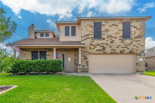 612 Weeping Willow Dr, Temple, TX 76502 - view of front of property with a front lawn, concrete driveway, an attached garage, stone siding, and a chimney