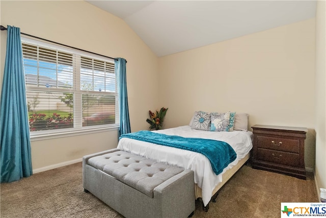 bedroom with carpet flooring and vaulted ceiling