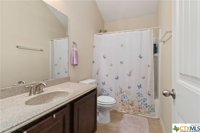bathroom with toilet, tile patterned flooring, vanity, and shower / tub combo with curtain