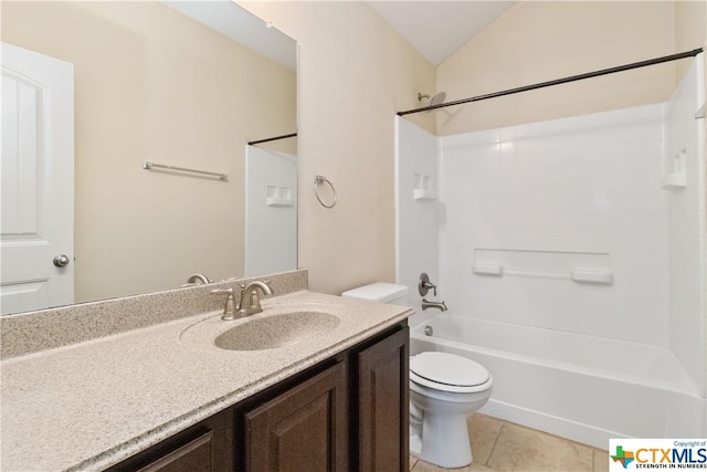 full bath with toilet, tile patterned flooring, vanity, lofted ceiling, and  shower combination