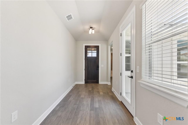 264 Sweeping Sage Ln, San Marcos, TX 78666 - doorway with dark wood-type flooring, lofted ceiling, and baseboards