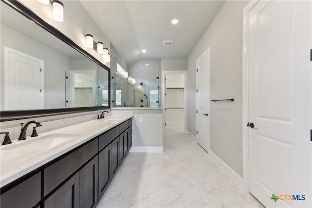 264 Sweeping Sage Ln, San Marcos, TX 78666 - bathroom with a shower stall, a spacious closet, baseboards, marble finish floors, and recessed lighting