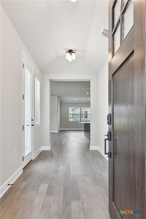 264 Sweeping Sage Ln, San Marcos, TX 78666 - entrance foyer with wood finished floors, lofted ceiling, and baseboards