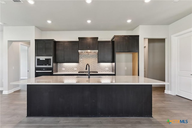 264 Sweeping Sage Ln, San Marcos, TX 78666 - kitchen with a center island with sink, a sink, under cabinet range hood, decorative backsplash, and baseboards