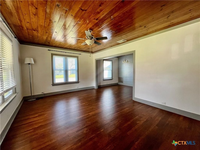 spare room featuring wood ceiling, visible vents, dark wood finished floors, and baseboards