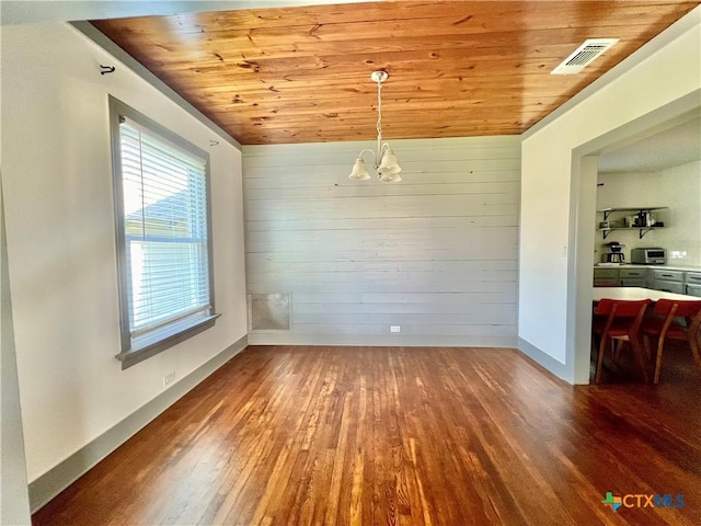 unfurnished dining area featuring a chandelier, wood finished floors, visible vents, wood ceiling, and baseboards