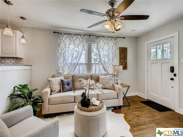 living room with hardwood / wood-style floors, a wealth of natural light, and ceiling fan