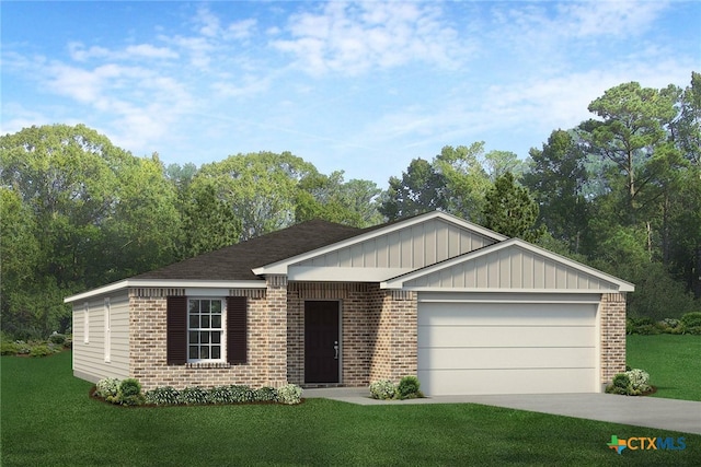 ranch-style house featuring a garage and a front yard