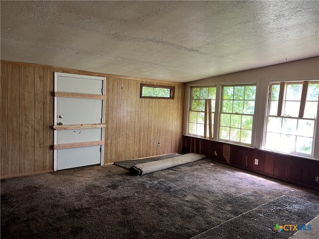 carpeted empty room featuring wooden walls, a textured ceiling, and vaulted ceiling