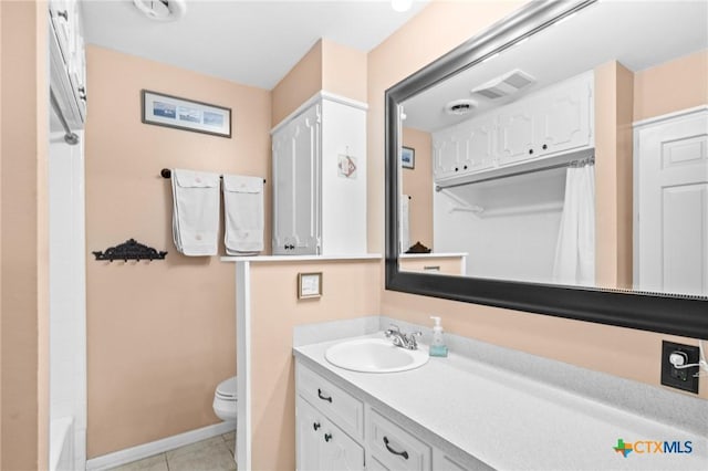 full bath featuring toilet, visible vents, tile patterned flooring, and vanity