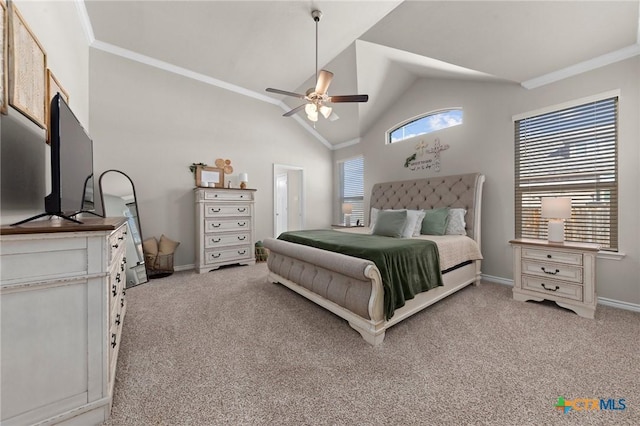 bedroom with ornamental molding, high vaulted ceiling, light carpet, and ceiling fan