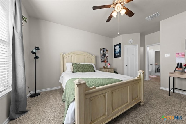 carpeted bedroom with ceiling fan