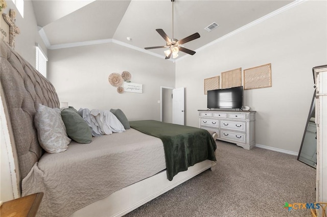 bedroom with carpet floors, crown molding, vaulted ceiling, and ceiling fan