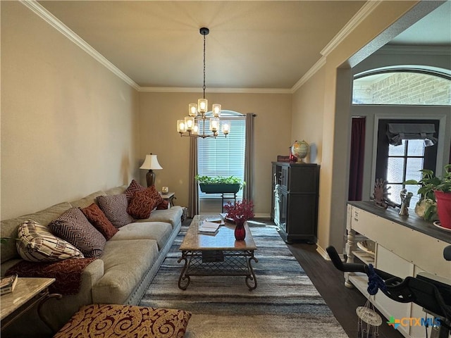 living area featuring dark wood-type flooring, plenty of natural light, and ornamental molding