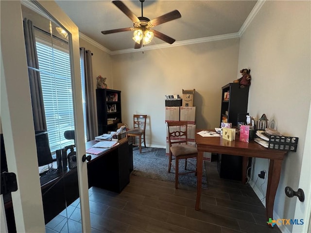 office featuring ceiling fan, baseboards, crown molding, and wood finished floors