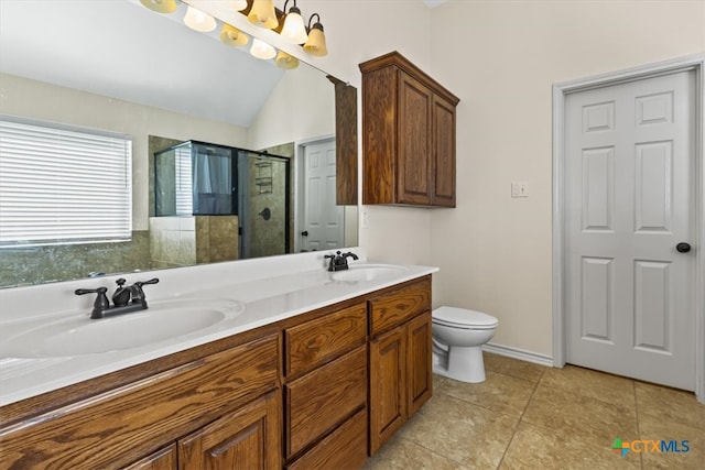 bathroom featuring walk in shower, vanity, tile patterned flooring, toilet, and lofted ceiling