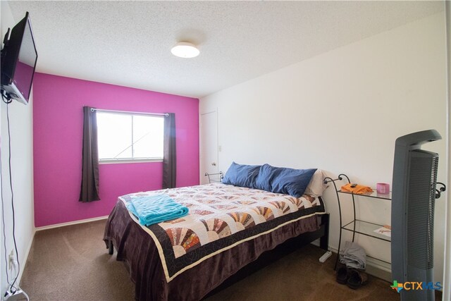 carpeted bedroom with a textured ceiling