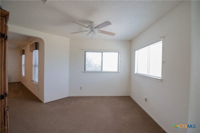 empty room with ceiling fan, plenty of natural light, carpet flooring, and a textured ceiling