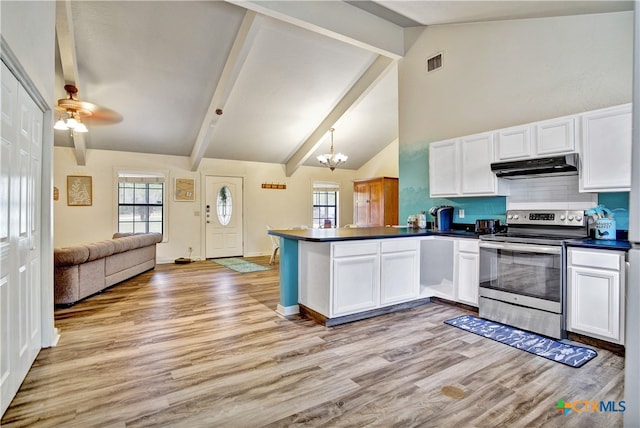 kitchen with dark countertops, visible vents, electric range, open floor plan, and under cabinet range hood