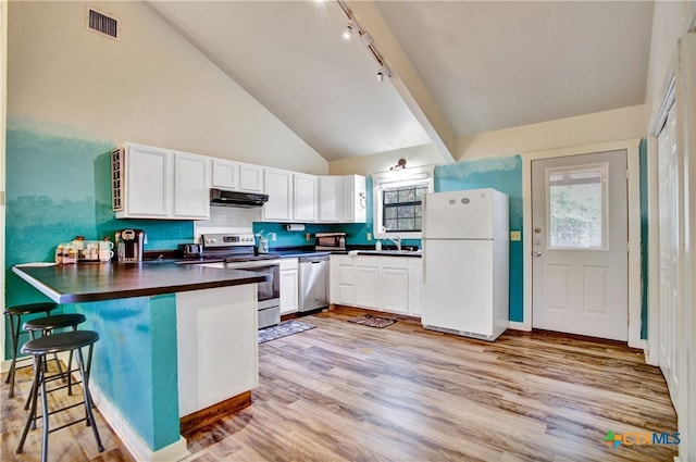 kitchen with light wood finished floors, dark countertops, appliances with stainless steel finishes, a peninsula, and under cabinet range hood